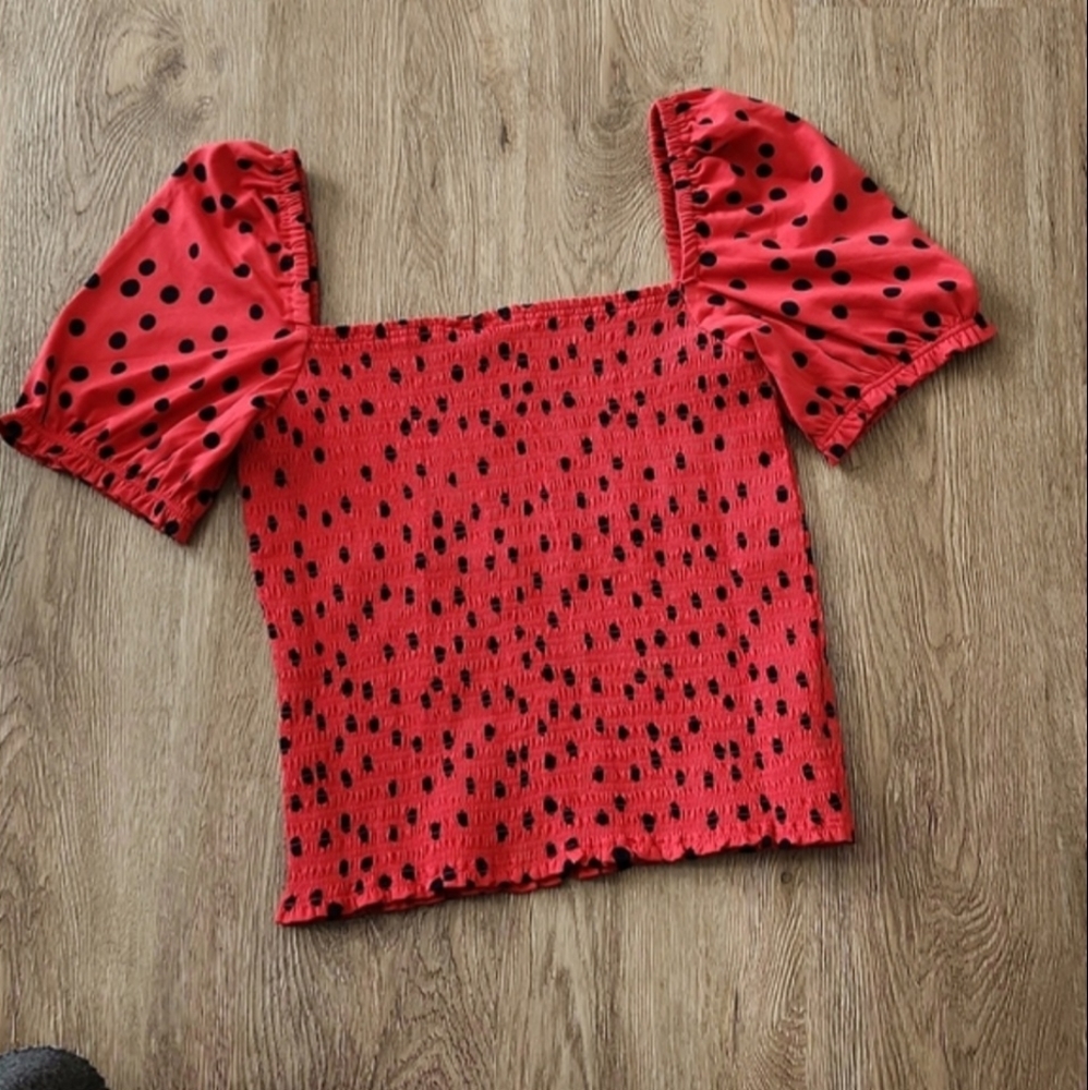 Anthropologie Polcadots Smocked Puff Sleeves Top Women Sz Small - NWT